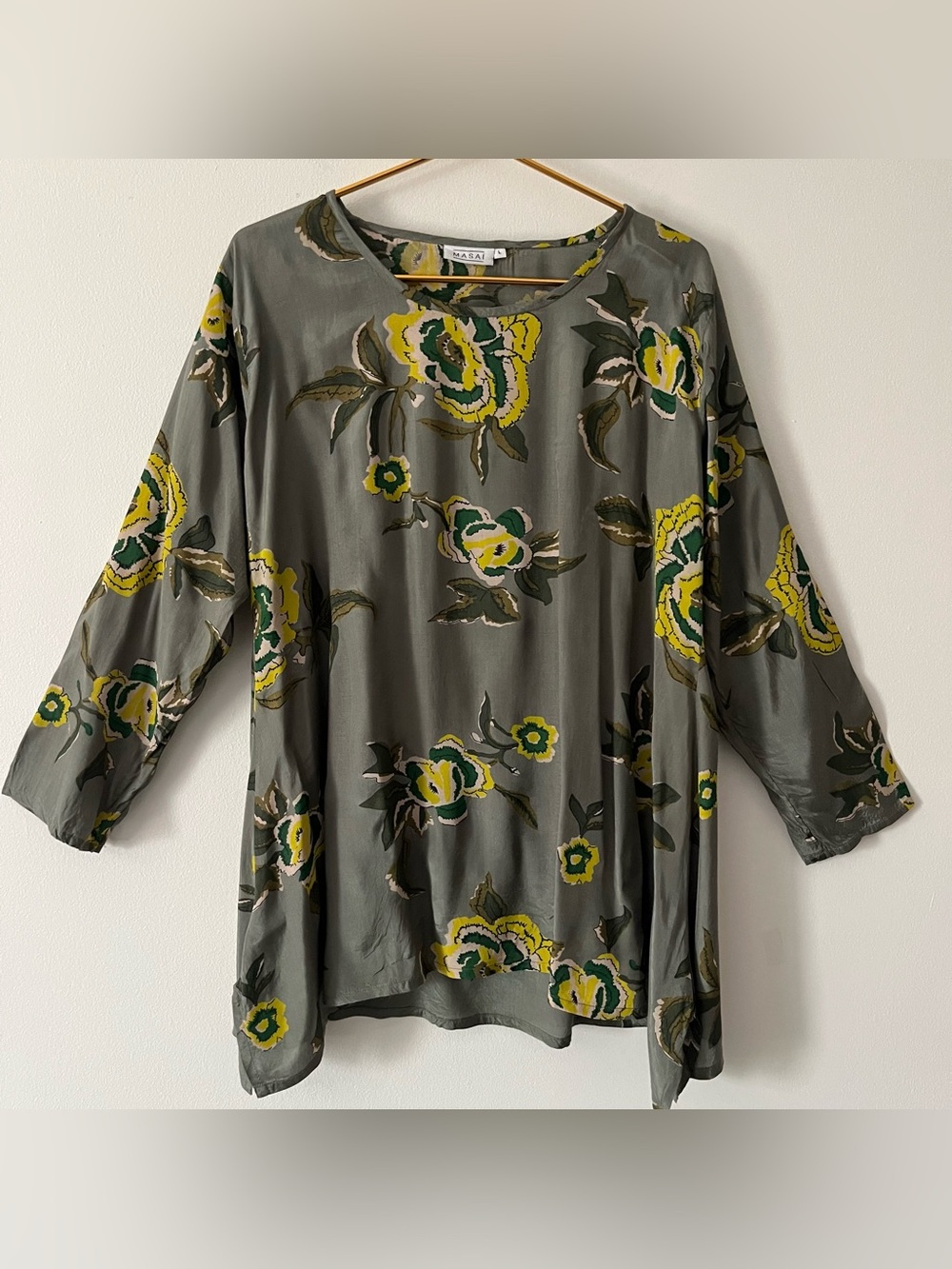 MASAI Olive Green Long Sleeve Tunic With Bold Yellow Floral Print Relaxed L